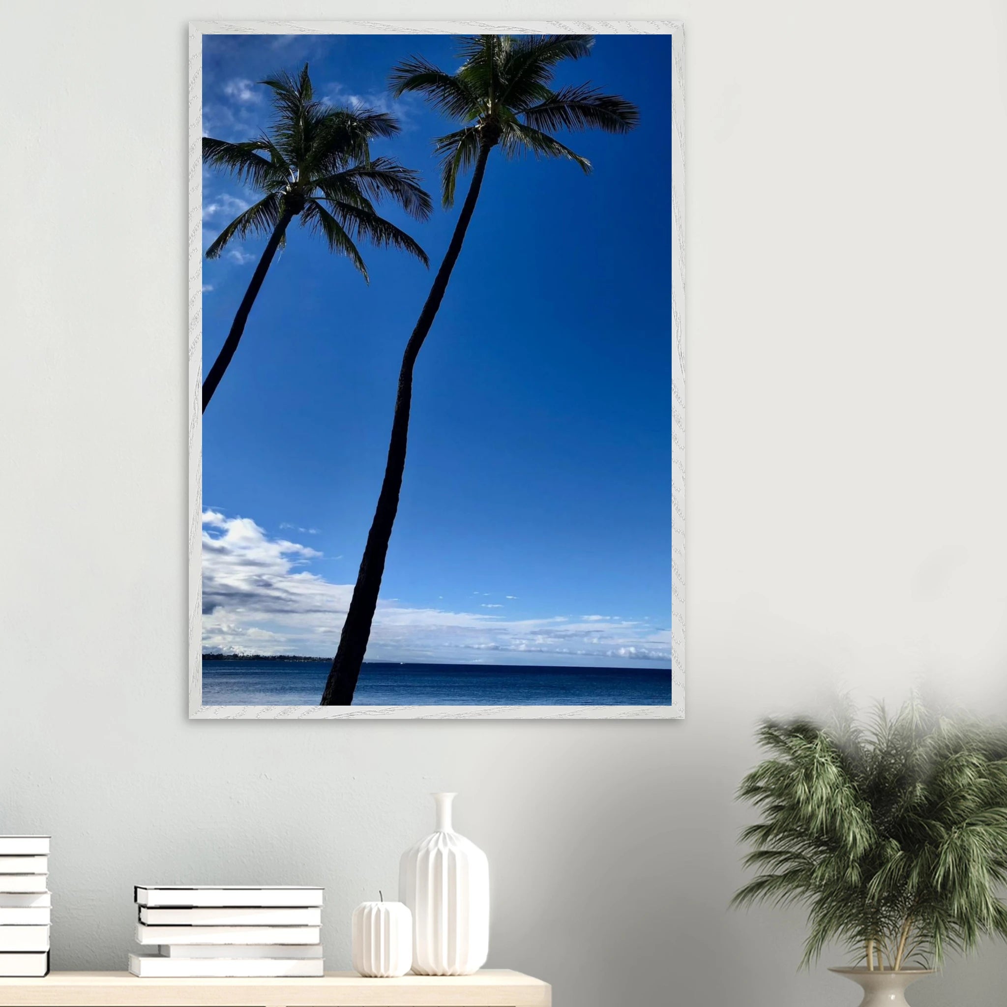 Framed print of Hawaii Iconic Palm Tree Twins and Pacific Waves from CaliCuration's Travel Collection Studio Edition, spring 2026.