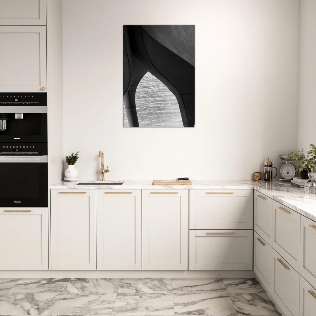 Black and white abstract canvas print of NYC Hudson River pier with high heels in water, part of the Studio Edition Travel Collection.