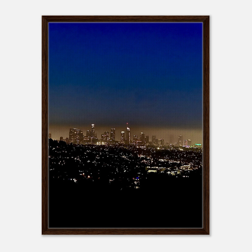 Premium wooden framed canvas print of Los Angeles Downtown Nightglow, elegant California wall art by My Store, Studio Edition holiday edition.