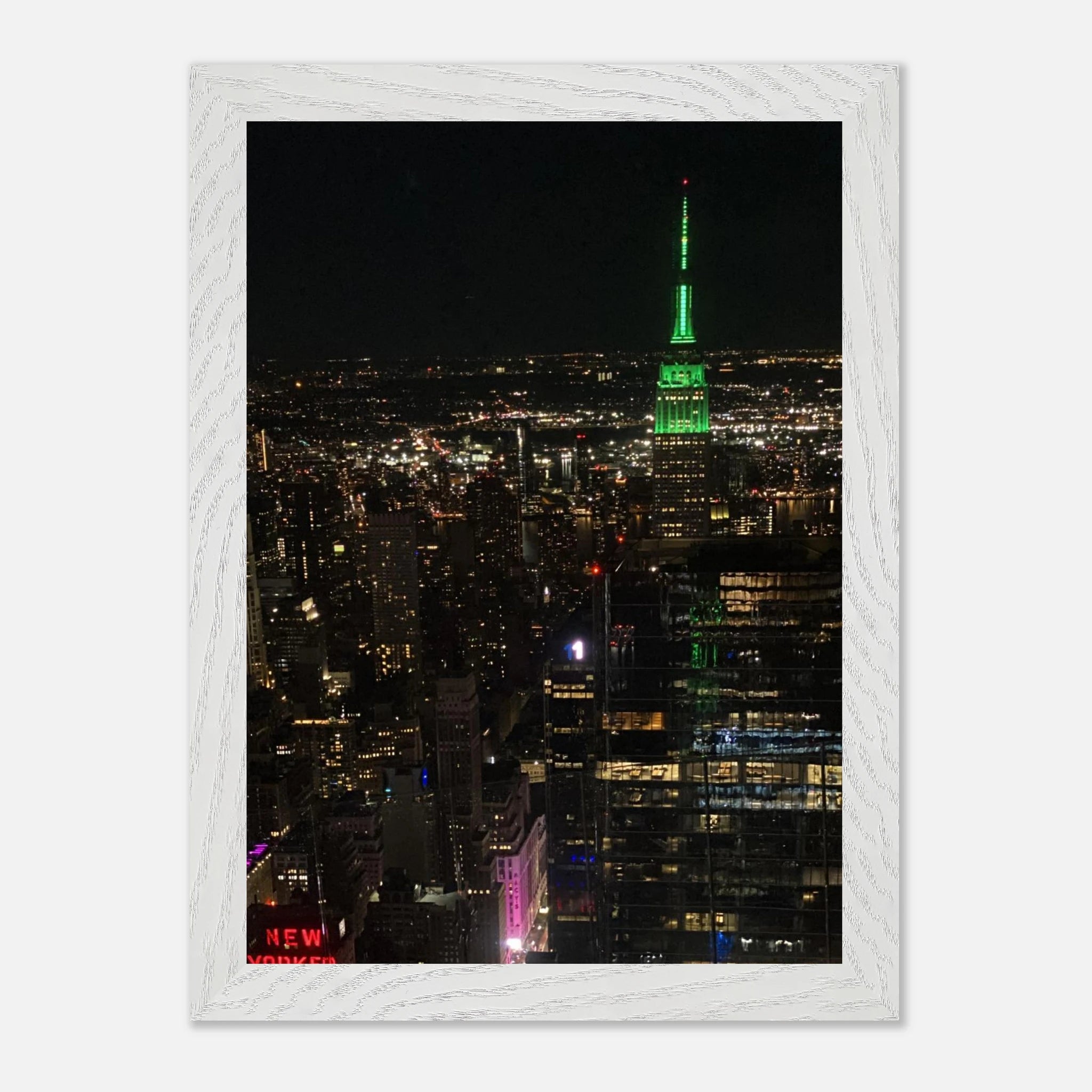 Wood mounted framed poster of NYC downtown night view featuring the Empire State Building, part of the Travel Collection by My Store.