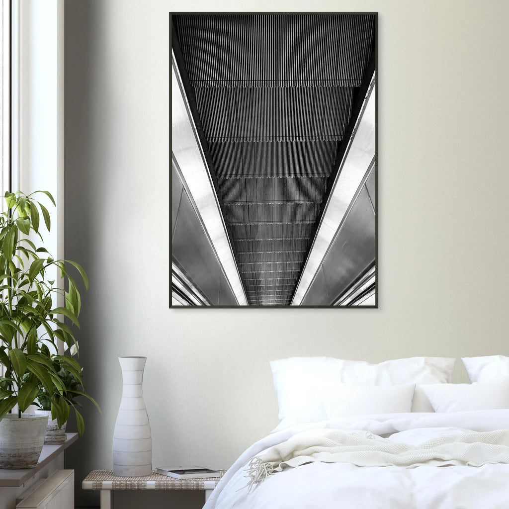 Black and white framed print of the London Tube escalator, from the Studio Edition Travel Collection, showcasing abstract urban artwork.