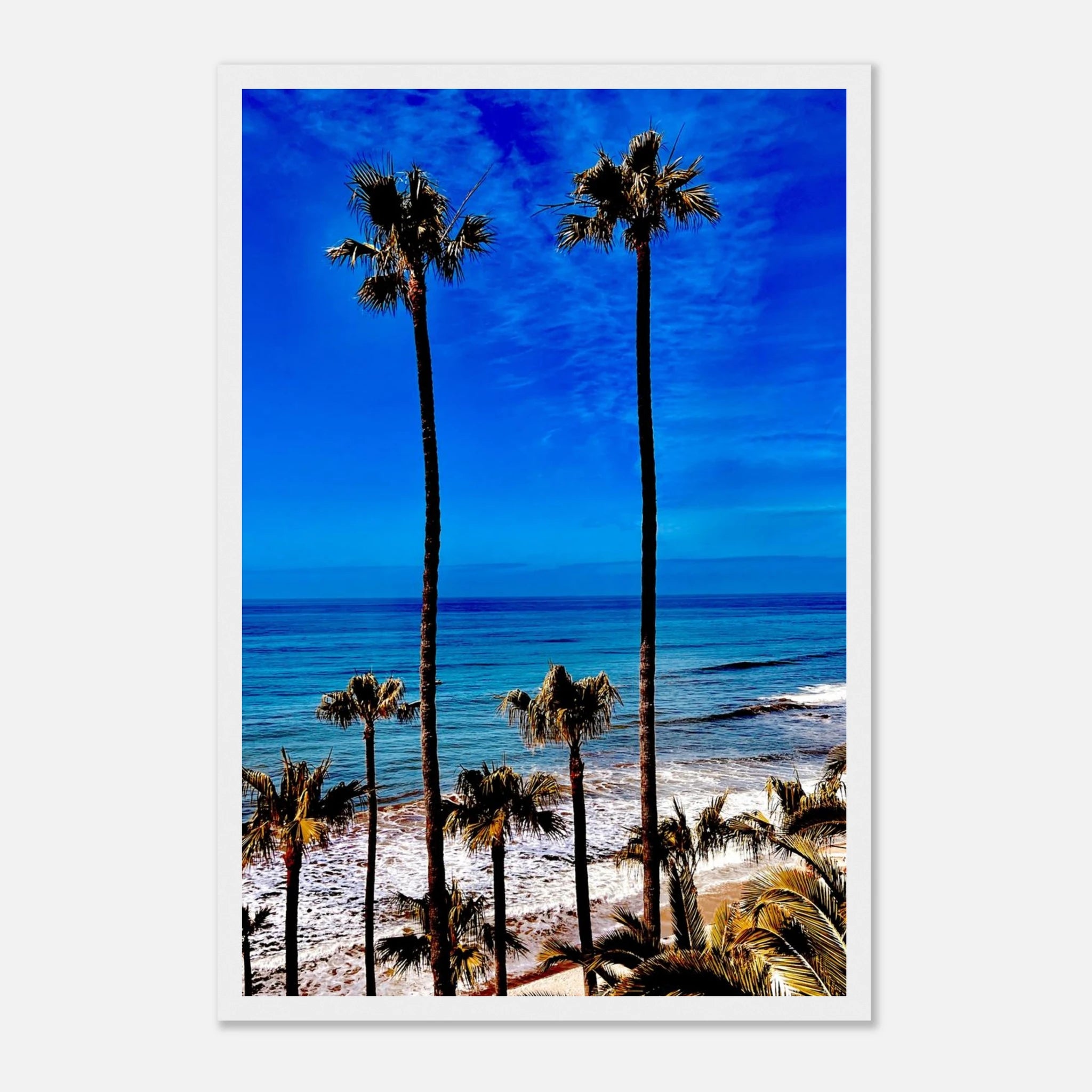 California art print of a palm tree family poster by CaliCuration, framed, featuring Malibu-style palm trees in a spring '26 studio edition.