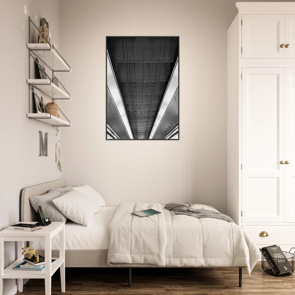 Black and white framed print of London Tube escalator abstract artwork from the Studio Edition travel collection.