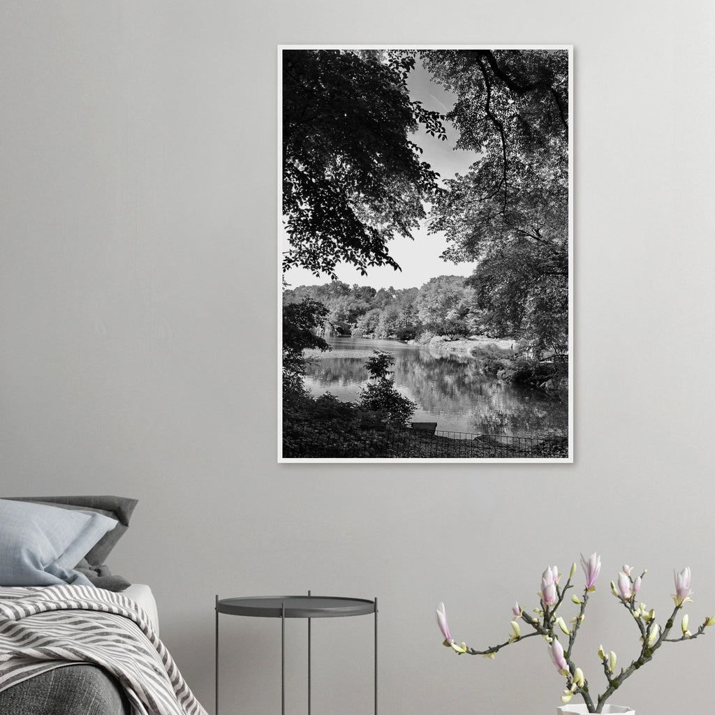 Black and white framed poster of Upstate NY summer lake scene from the Studio Edition Travel Collection, designed for home decor.