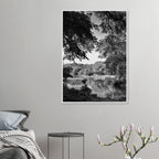 Black and white framed poster of Upstate NY summer lake scene from the Studio Edition Travel Collection, designed for home decor.
