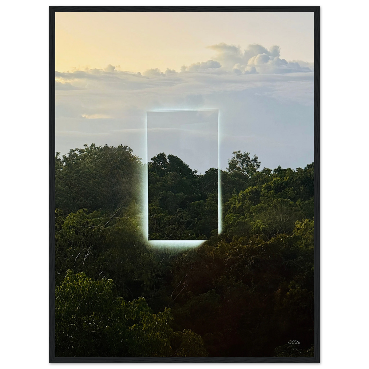 Color print of "A Window into Jungle Stillness" by CaliCuration, showcasing lush jungle scenery in a serene, artistic design.