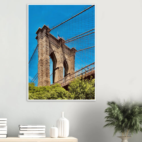 Framed Brooklyn Bridge poster featuring DUMBO NYC skyline wall art, printed on high-quality material for urban decor.