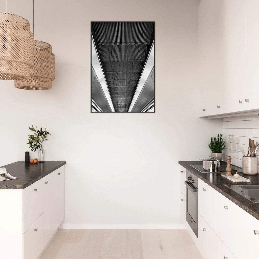 Black and white framed print of London's Tube escalator, part of the Studio Edition Travel Collection by My Store.