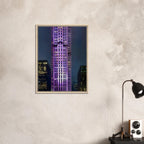 Framed canvas print of NYC holiday skyline in purple hues from the Travel Collection, Studio Edition, showcasing vibrant cityscape art.