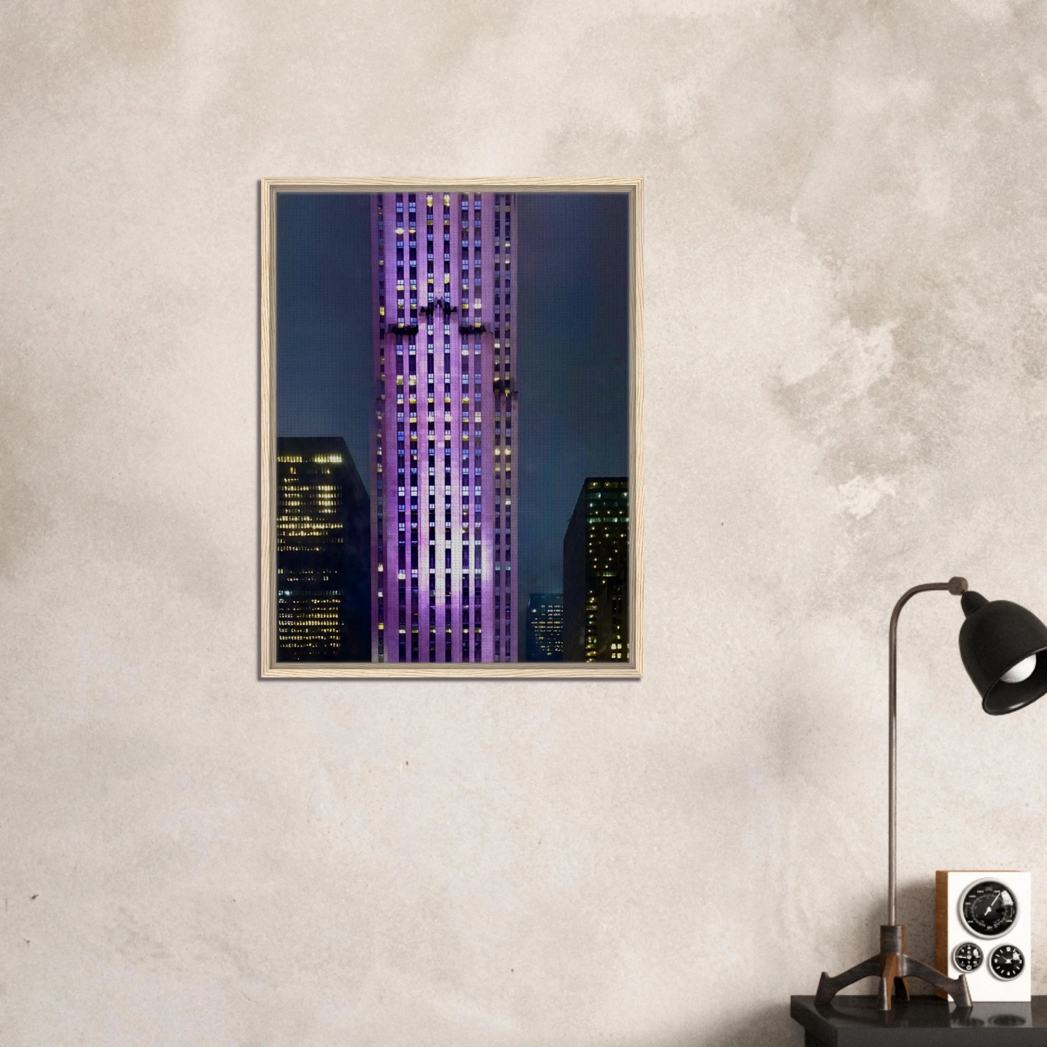 Framed canvas print of NYC holiday skyline in purple hues from the Travel Collection, Studio Edition, showcasing vibrant cityscape art.