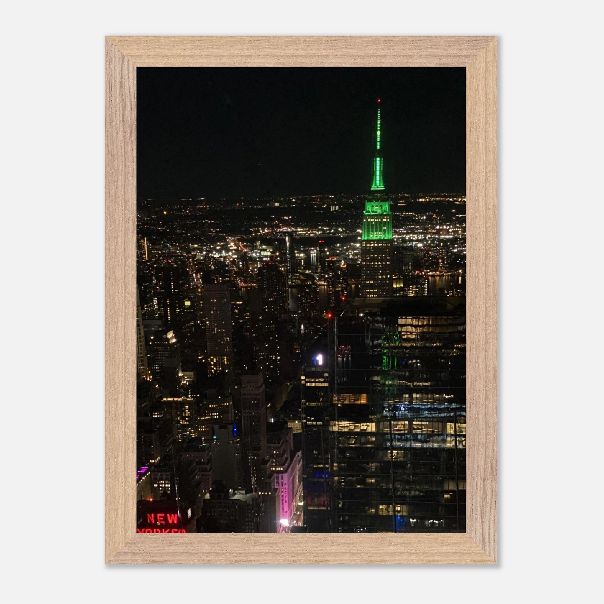 Wood mounted framed poster of NYC Downtown night view featuring the Empire State Building, part of the Travel Collection by My Store.