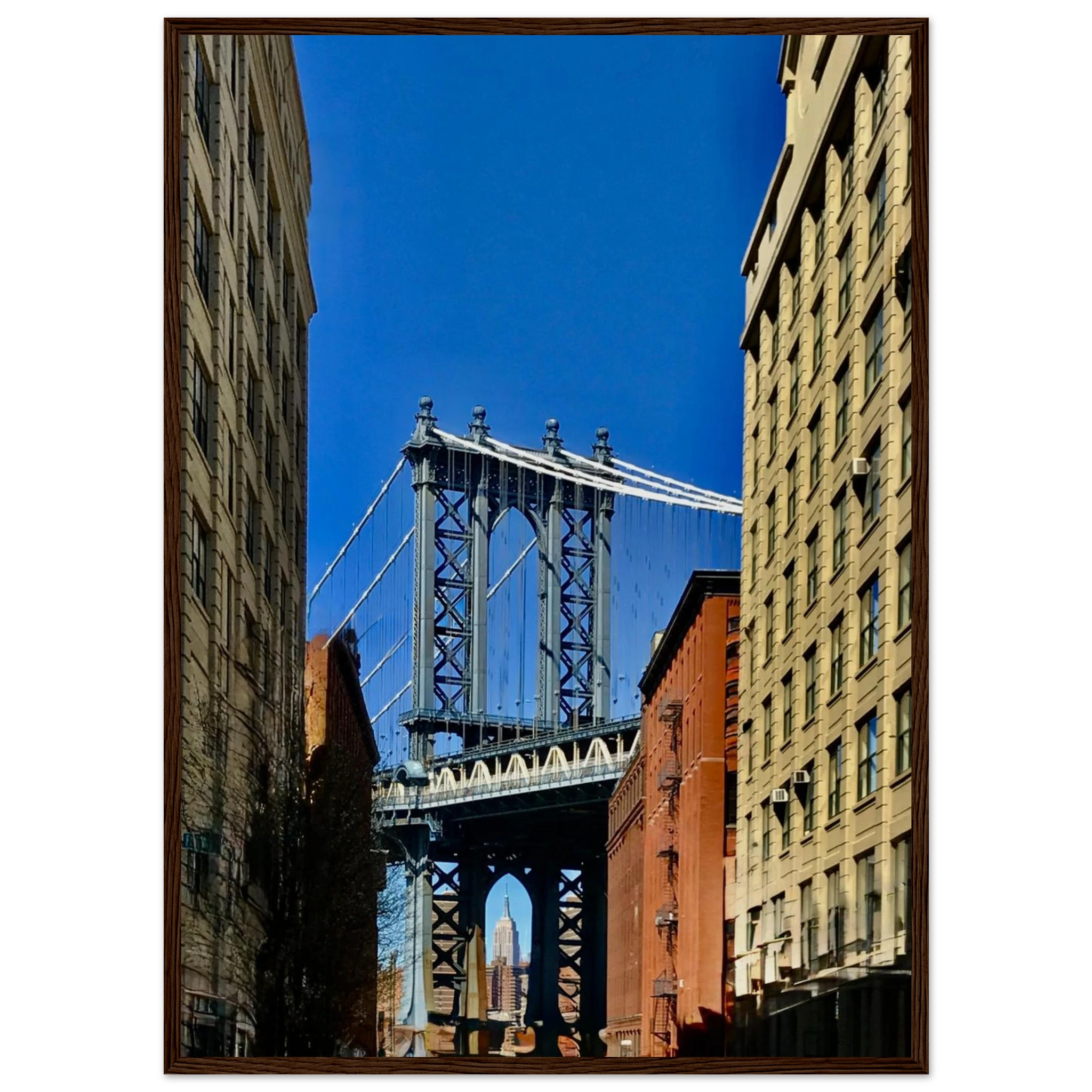 NYC Dumbo skyline wooden framed print by CaliCuration, showcasing spring day cityscape wall art from the Travel Collection.