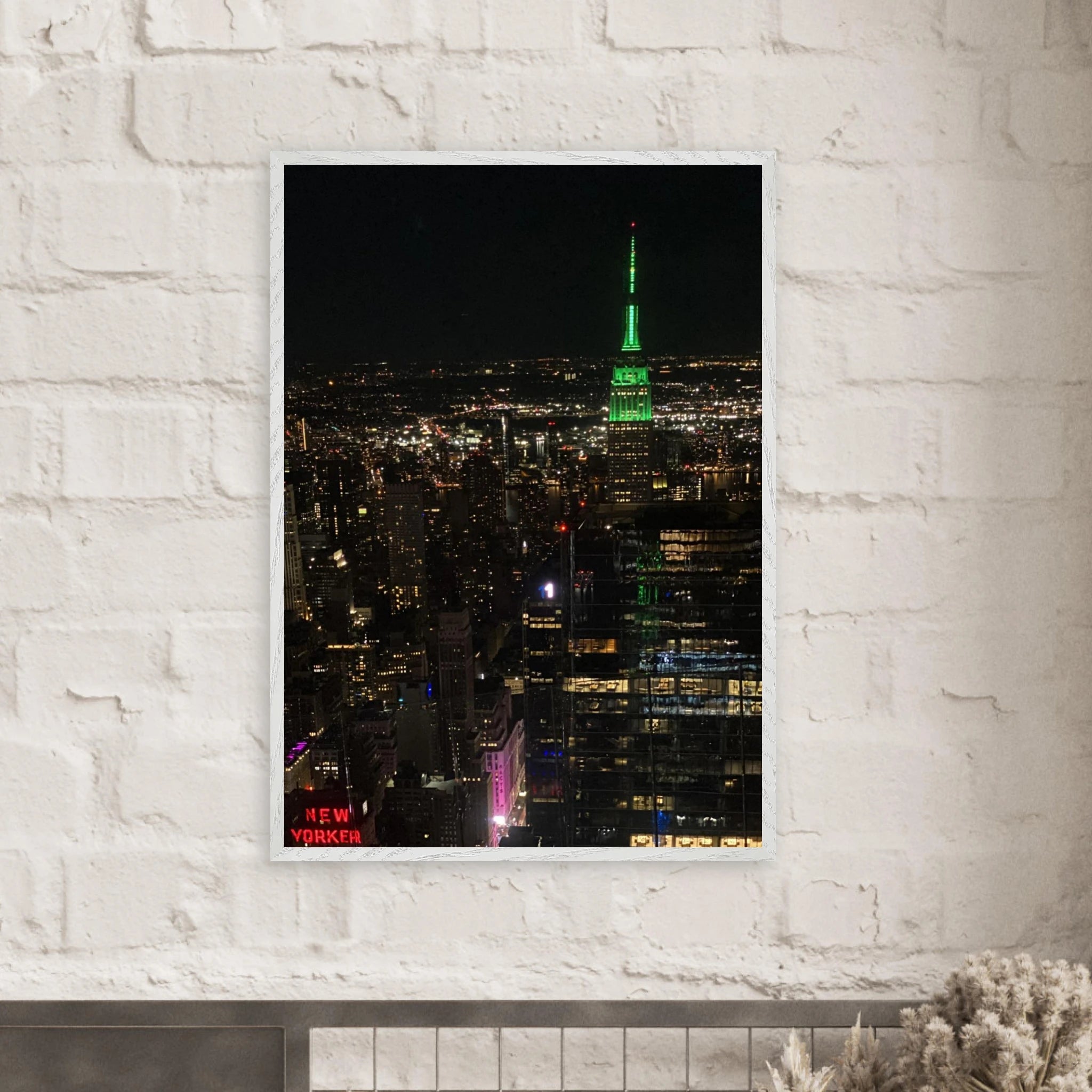 Wood mounted framed poster of NYC downtown night view with Empire State Building, part of the Travel Collection by My Store.