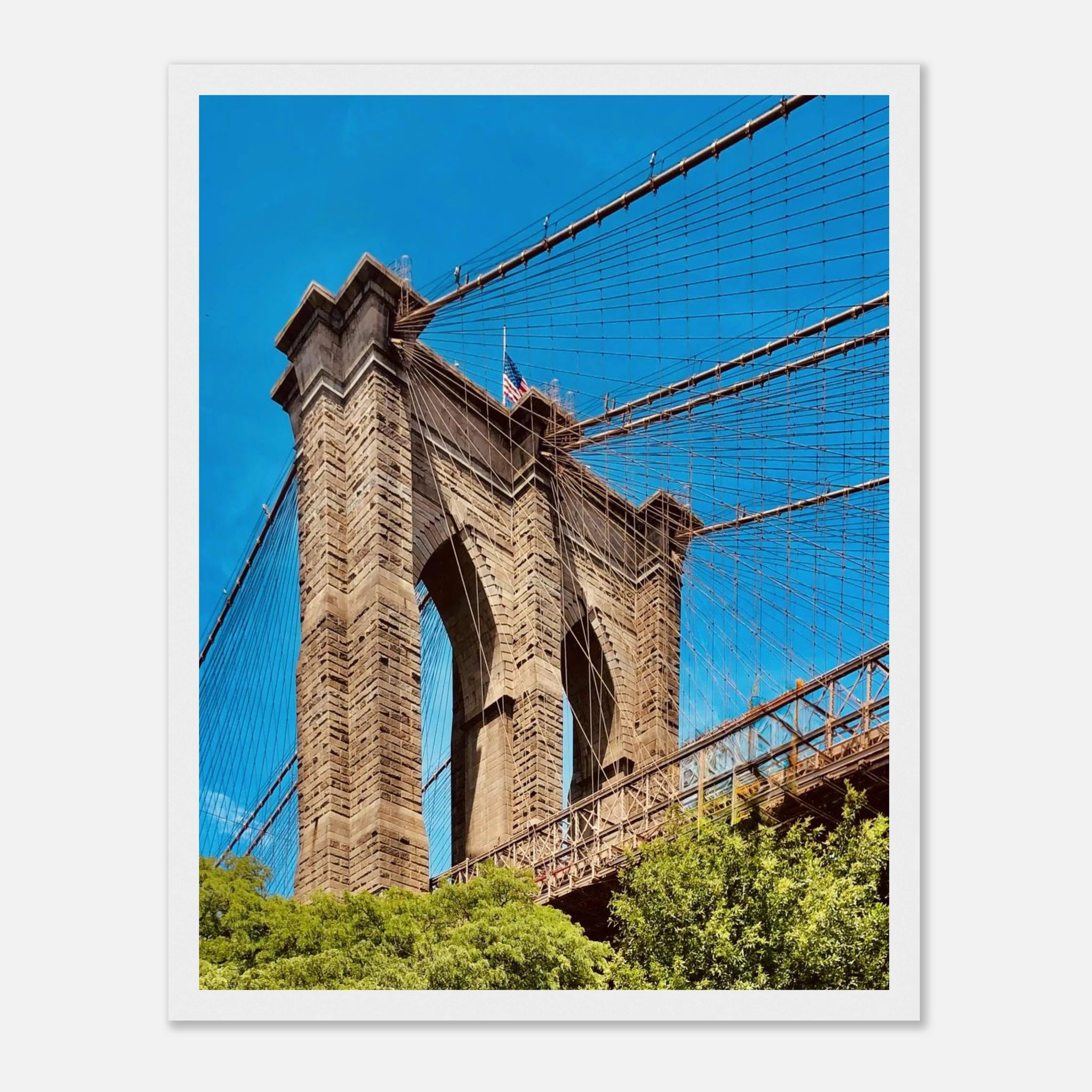 NYC Brooklyn Bridge framed print by My Store featuring a vibrant Dumbo view, perfect for a stylish travel-themed decor display.
