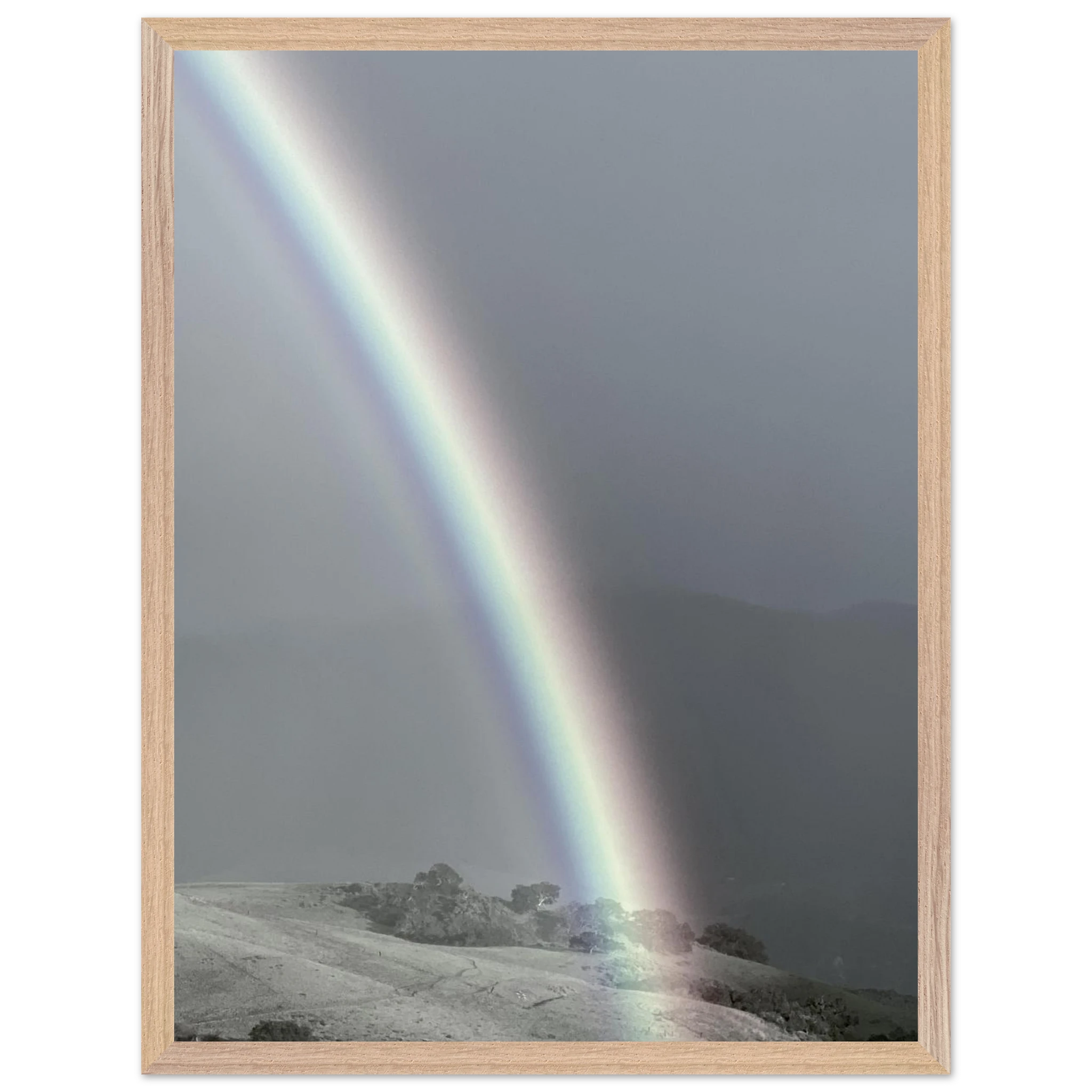 Black and white mounted framed poster of a rainbow post-summer storm, part of the California Central Coast travel collection.