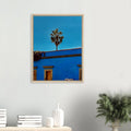 Oaxaca palm tree wall art print by CaliCuration showing a blue framed canvas with vibrant Mexican nature scene.