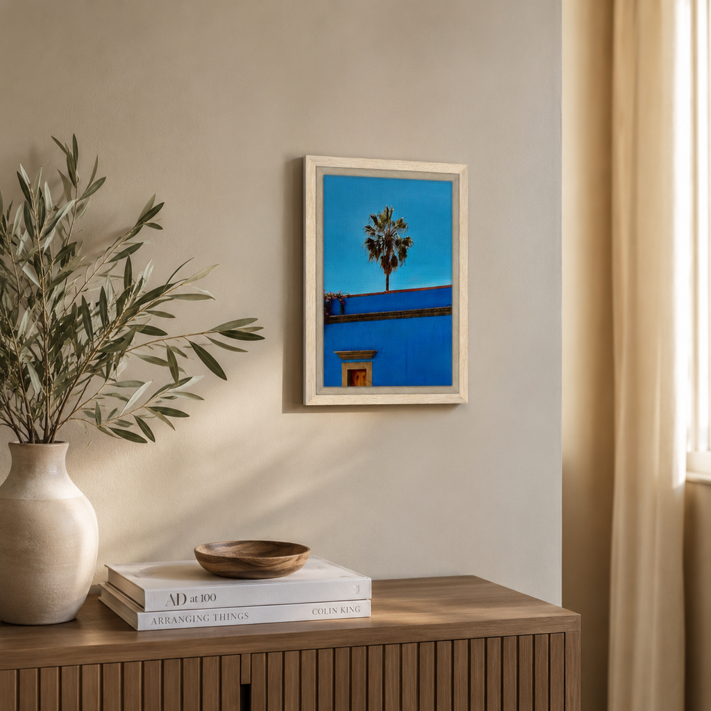 Oaxaca Palm Tree in Blue Framed Canvas | Mexico Wall Art