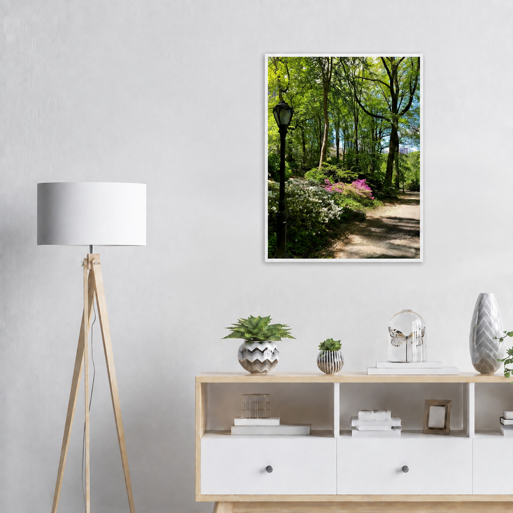 Central Park walkway framed poster by My Store, showcasing a peaceful scene of a serene stroll through lush greenery and tree-lined paths.