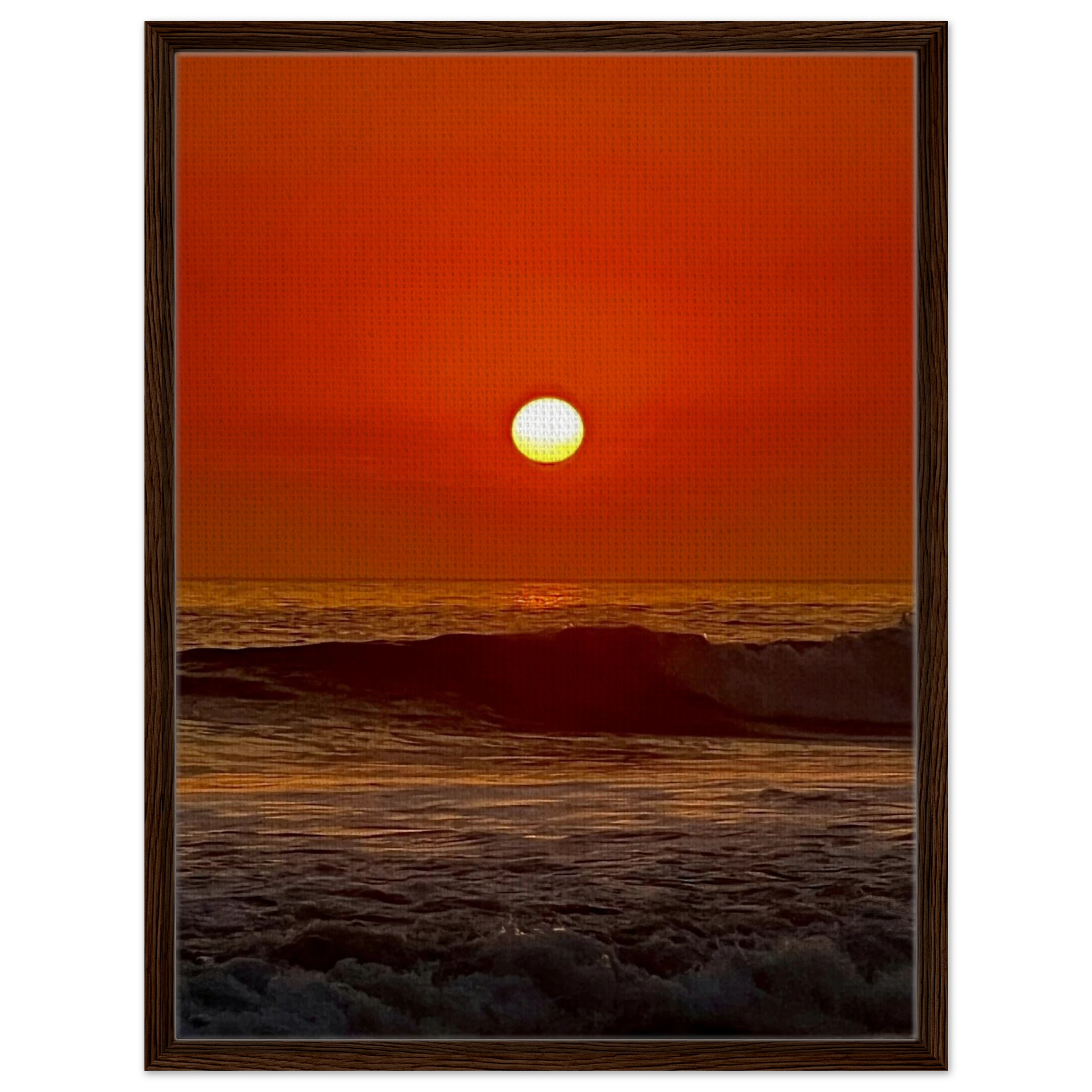Framed canvas print of California Red Sunset Series 3/3 by CaliCuration, featuring vibrant red sunset hues and artistic studio edition details.