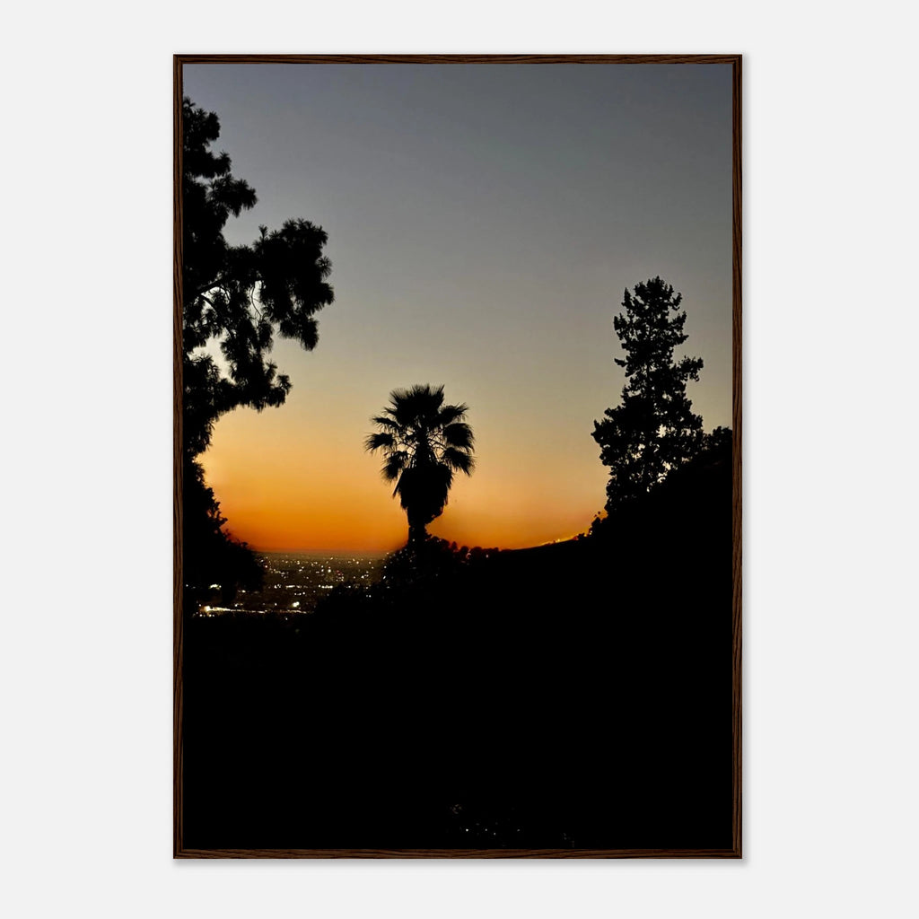 Winter Sunset Laurel Canyon Hollywood Hills framed print, showcasing California poster art with vibrant sunset colors and scenic landscape.