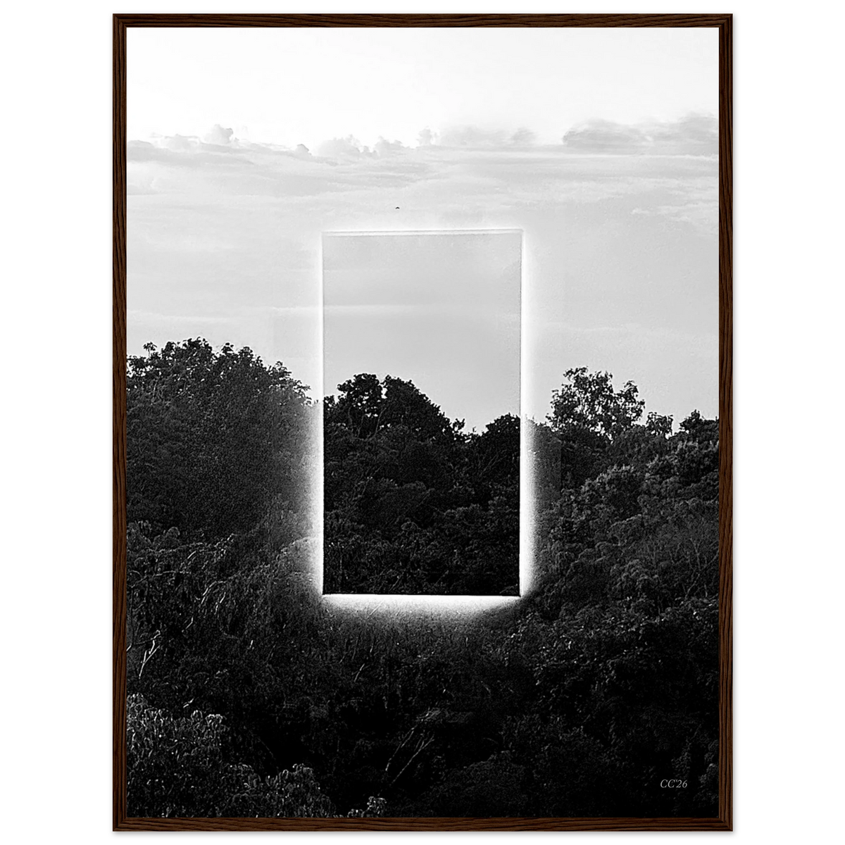 Black and white print titled "A Window into Jungle Stillness" by CaliCuration, featuring a serene jungle scene in a limited edition artwork.