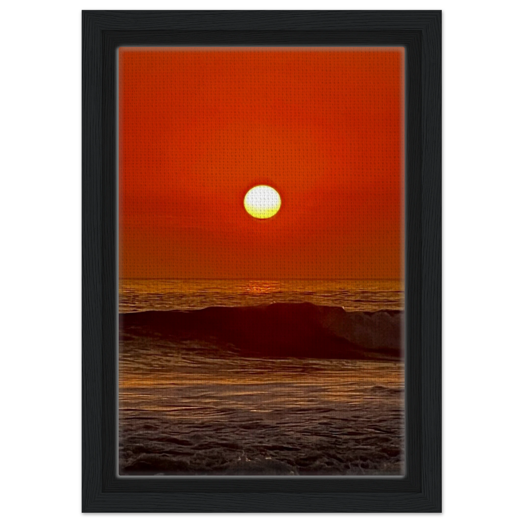 California Red Sunset framed canvas wall art by CaliCuration featuring a vibrant coastal sunset scene in a stylish print.