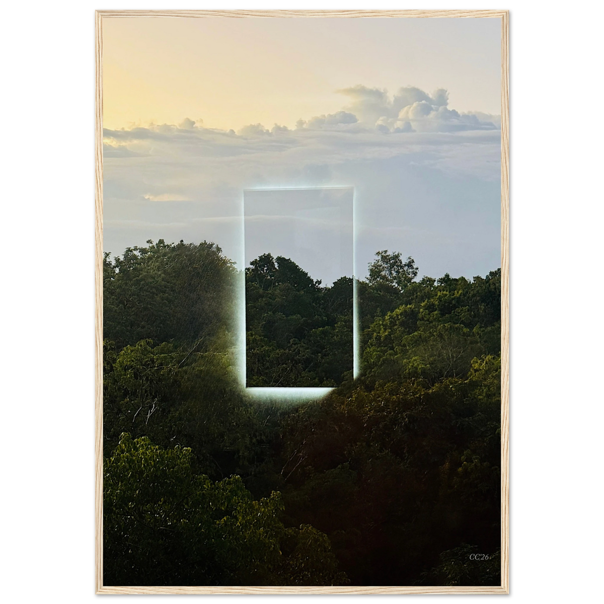 Color print by CaliCuration titled "A Window into Jungle Stillness," showcasing vibrant jungle scenery in an exclusive edition of 5.