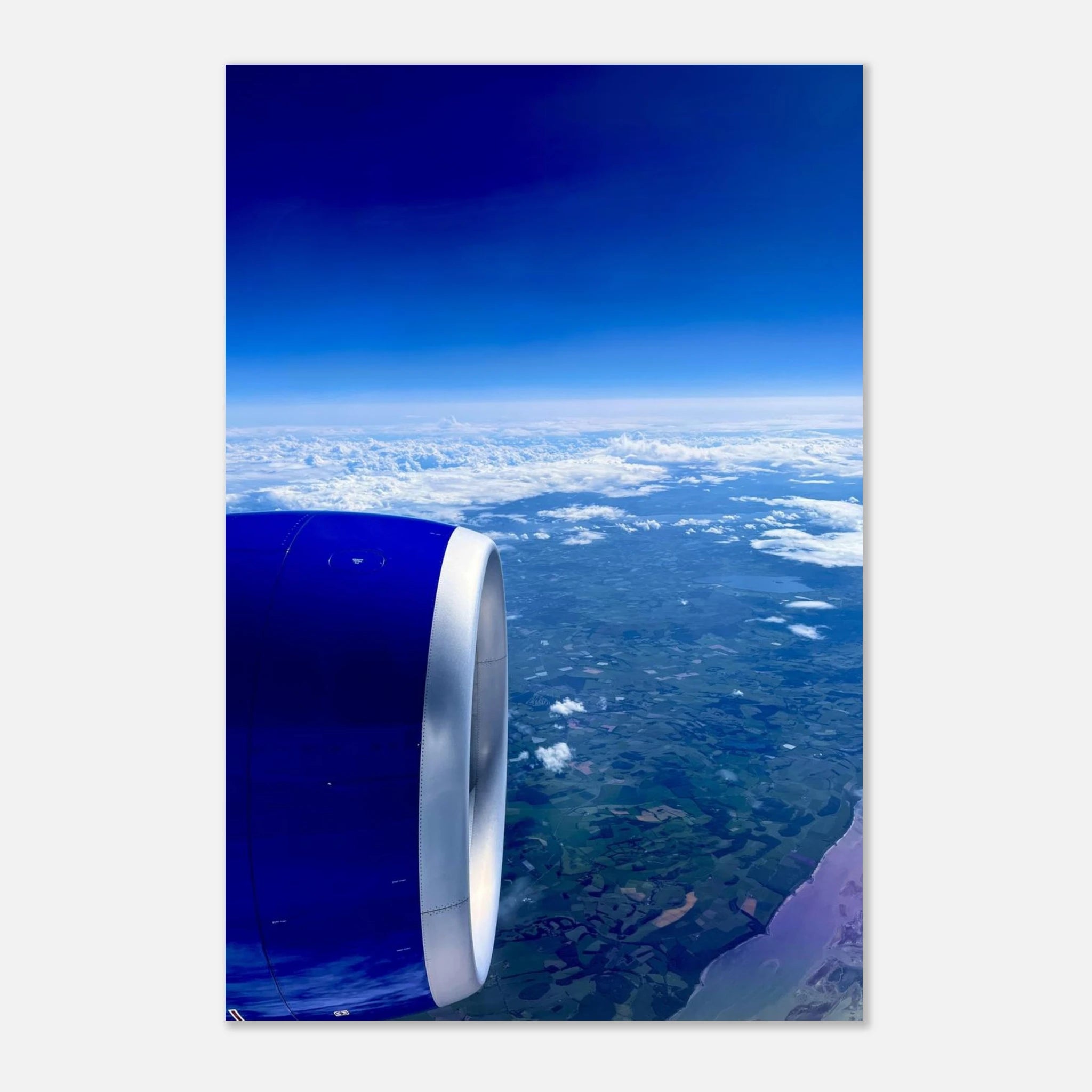 Aluminum print of a cross-Atlantic airplane turbine view, part of the Studio Edition travel collection, showcasing detailed aircraft imagery.