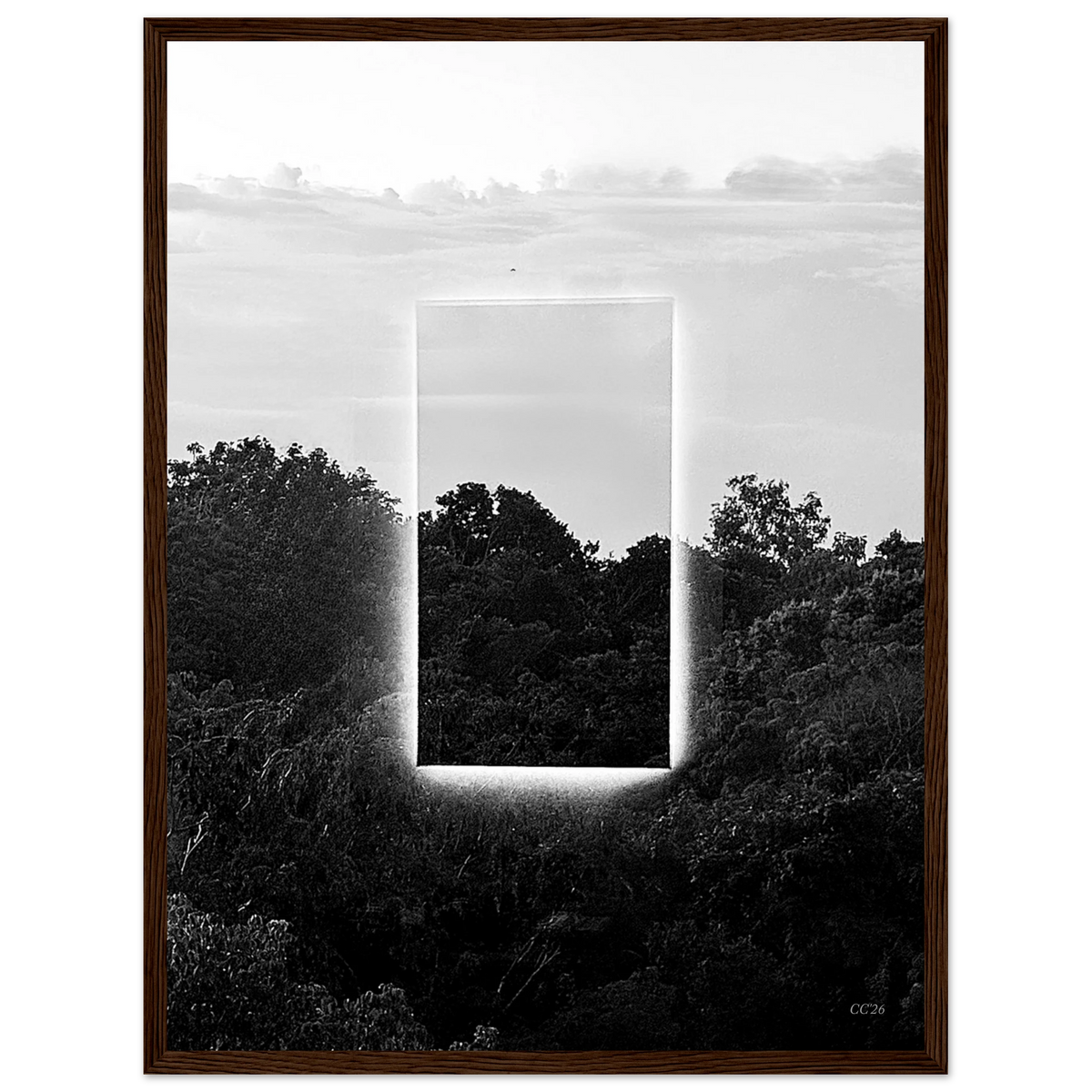 Black and white print titled "A Window into Jungle Stillness" by CaliCuration, showcasing a serene jungle scene in a limited edition of 5.