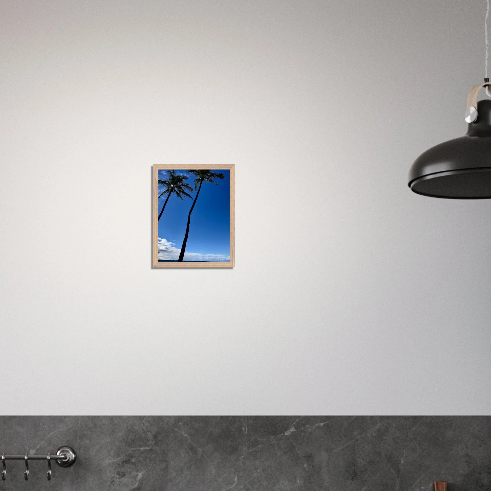 Framed Hawaii travel poster featuring iconic palm trees and Pacific waves, printed on high-quality material by CaliCuration.