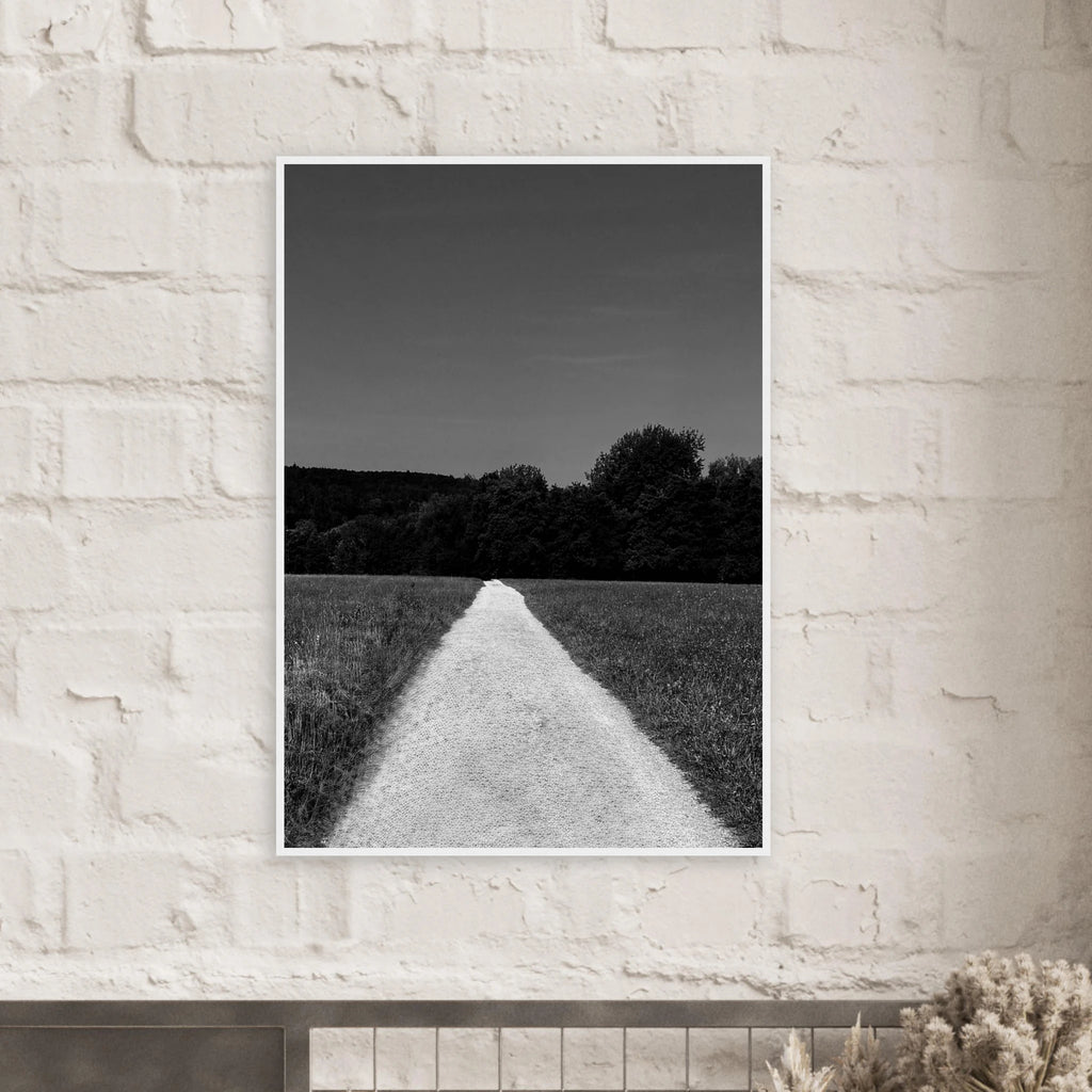 Black and white framed poster print of a summer road scene from the Travel Collection, featuring a wooden frame and semi-glossy paper.