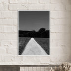 Black and white framed poster print of a summer road scene from the Travel Collection, featuring a wooden frame and semi-glossy paper.