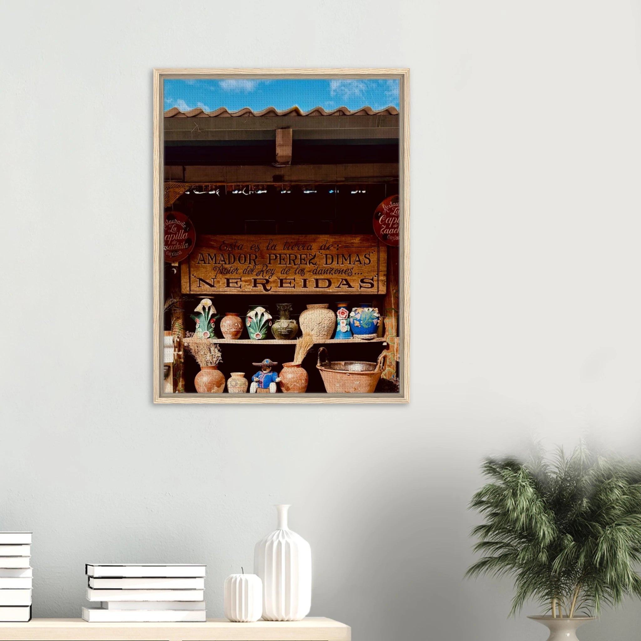 Framed canvas artwork of Oaxaca street fair from CaliCuration's Mexico travel collection, featuring vibrant colors and lively scene.