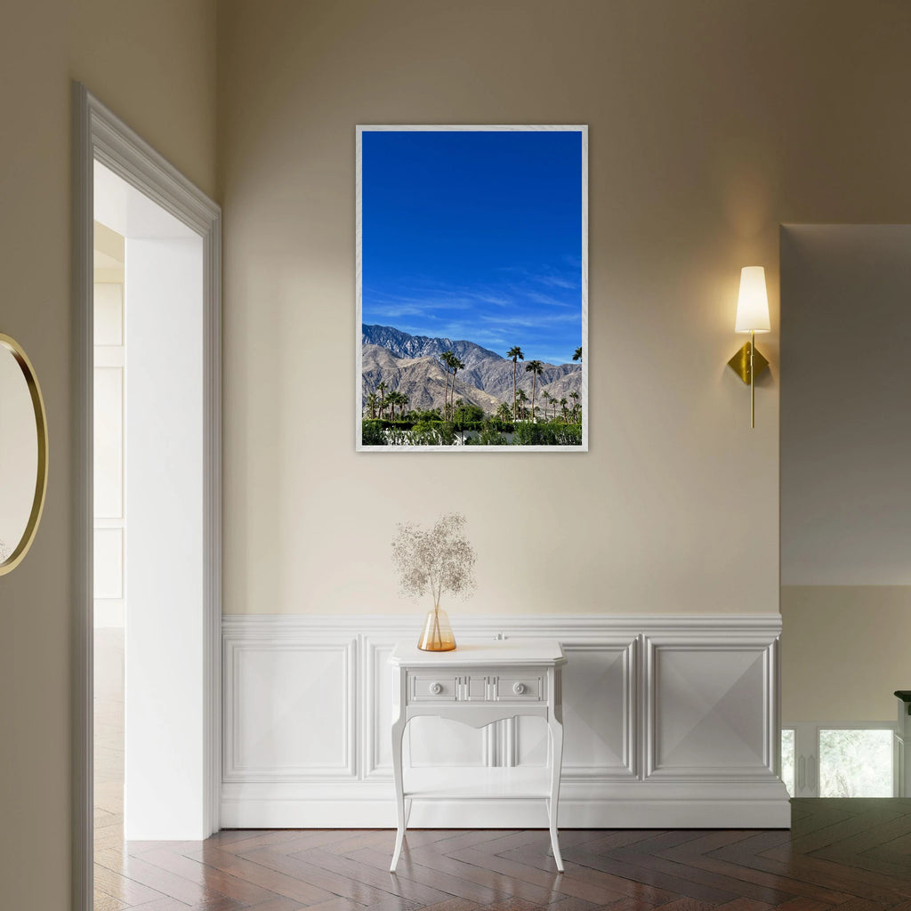 Premium wooden framed poster of a sunny fall day in Palm Springs, California, featuring vibrant outdoor scenery print by Studio Edition.