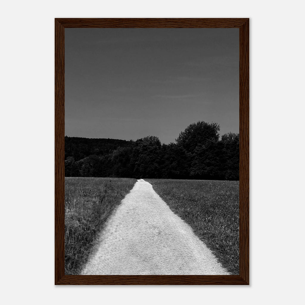 Black and white framed poster featuring a summer road scene from the Travel Collection, printed on semi-glossy paper, Studio Edition.