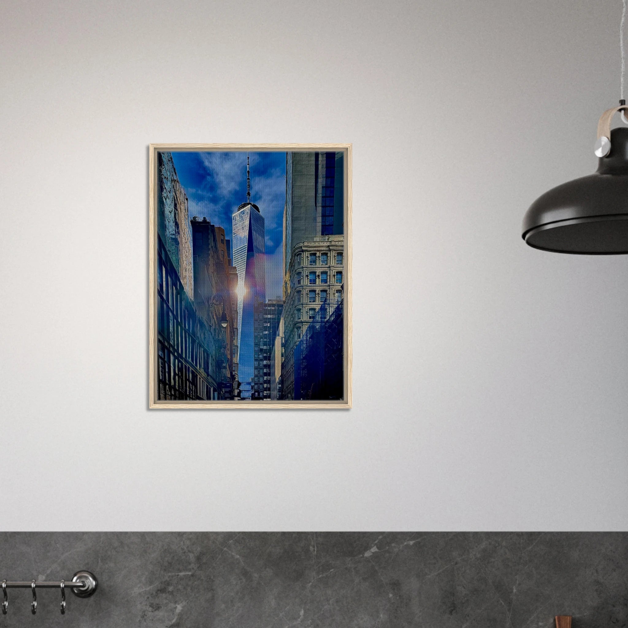 Framed canvas print of sunlight reflection at One World Trade NYC, part of the Travel Collection Studio Edition artwork.