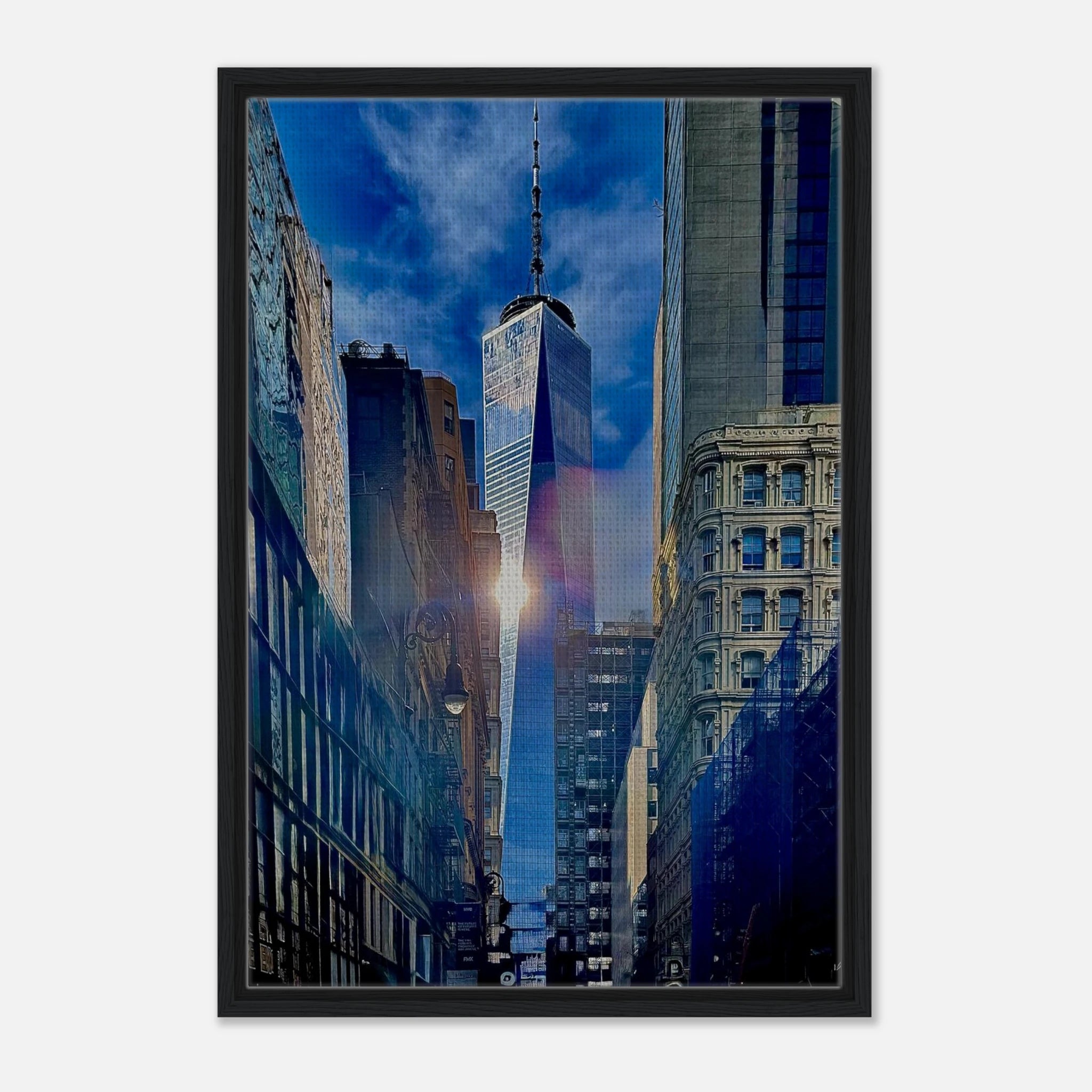 Framed canvas print of NYC One World Trade sunlight reflection, from the Travel Collection by My Store, studio edition holiday 25.