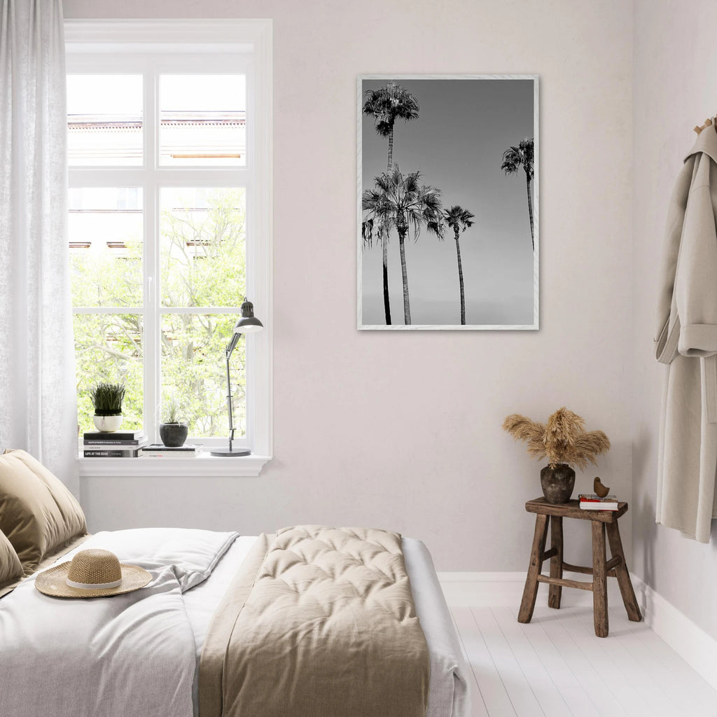 Premium wooden framed black and white California beach icons poster art in semi-gloss finish, Studio Edition.