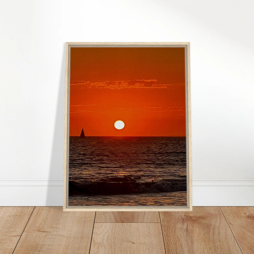 Framed canvas print of California Red Sunset Series 1/3 by CaliCuration featuring vibrant red sunset hues and artistic landscape.