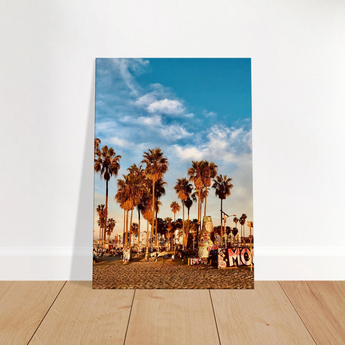 California wall art print featuring palm trees and graffiti-style design, suitable for wall decor and home or beach-themed interiors.