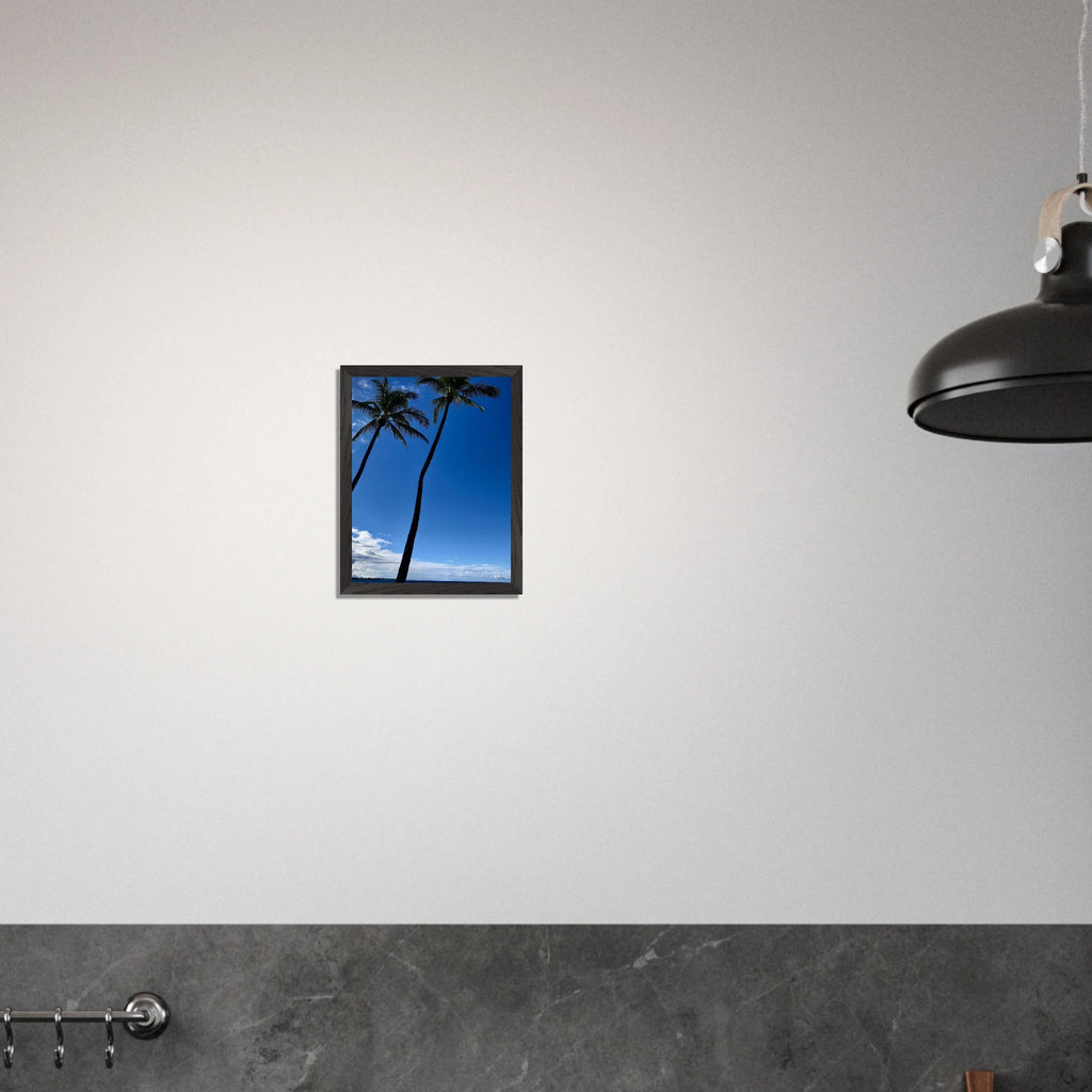 Framed Hawaii travel poster featuring iconic palm trees and Pacific waves by CaliCuration, perfect for coastal decor.