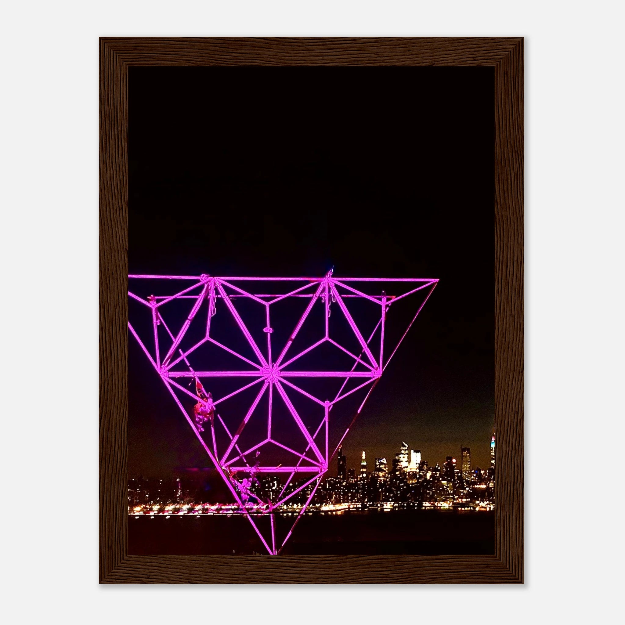 New York City holiday purple art print poster featuring Manhattan night view with Empire State Building, framed travel collection decor.