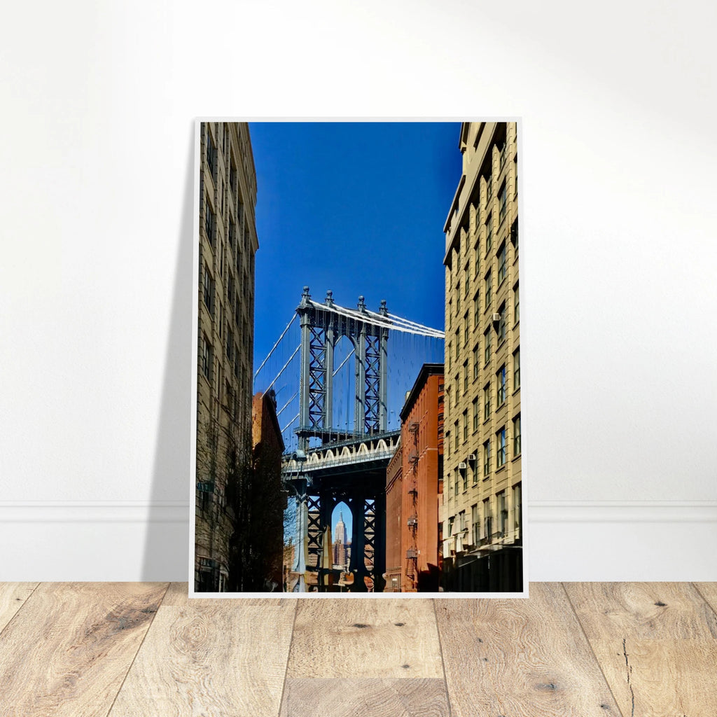 NYC Dumbo skyline wooden framed print by CaliCuration, featuring spring day cityscape wall art from the Travel Collection.