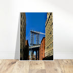 NYC Dumbo skyline wooden framed print by CaliCuration, featuring spring day cityscape wall art from the Travel Collection.