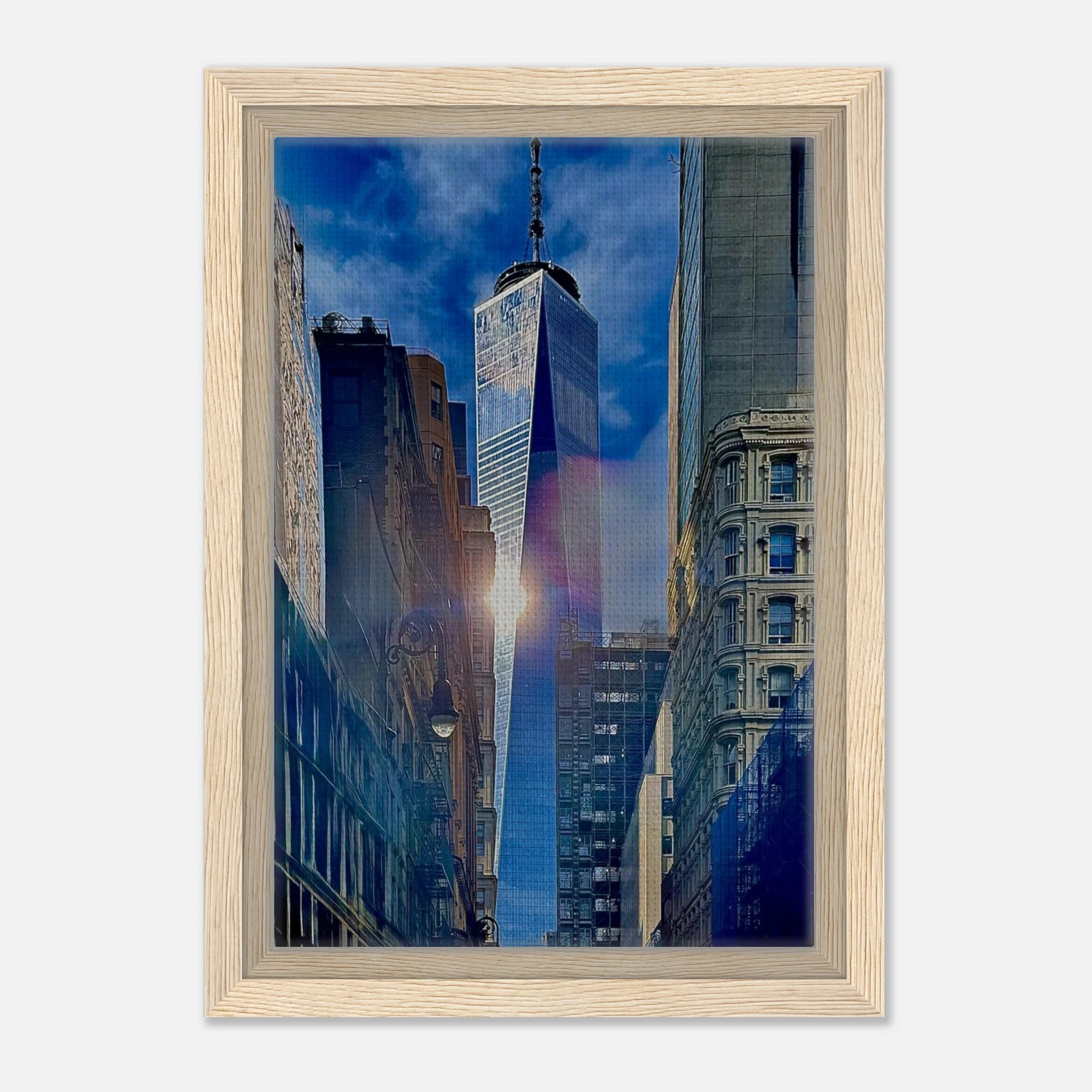 Framed canvas print showing sunlight reflection at One World Trade NYC, part of the My Store Travel Collection Studio Edition.