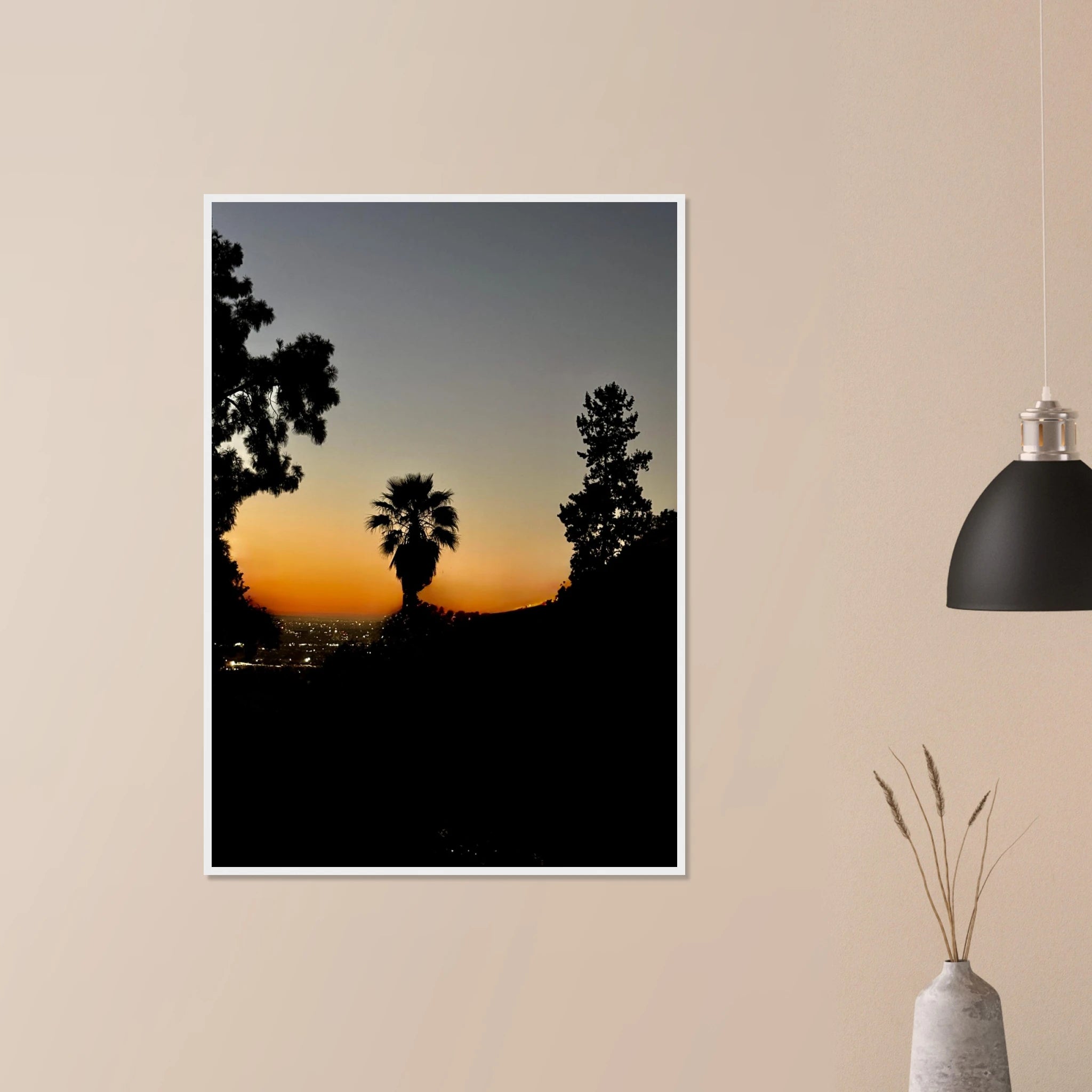 Winter Sunset Laurel Canyon Hollywood Hills framed poster featuring California landscape art, studio edition print with vibrant sunset colors.