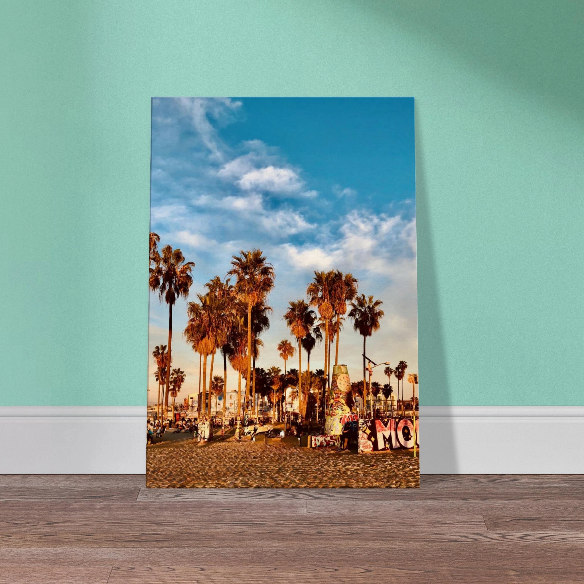 SoCal Beach canvas print featuring edgy palm trees and graffiti design, California-themed studio edition wall art.