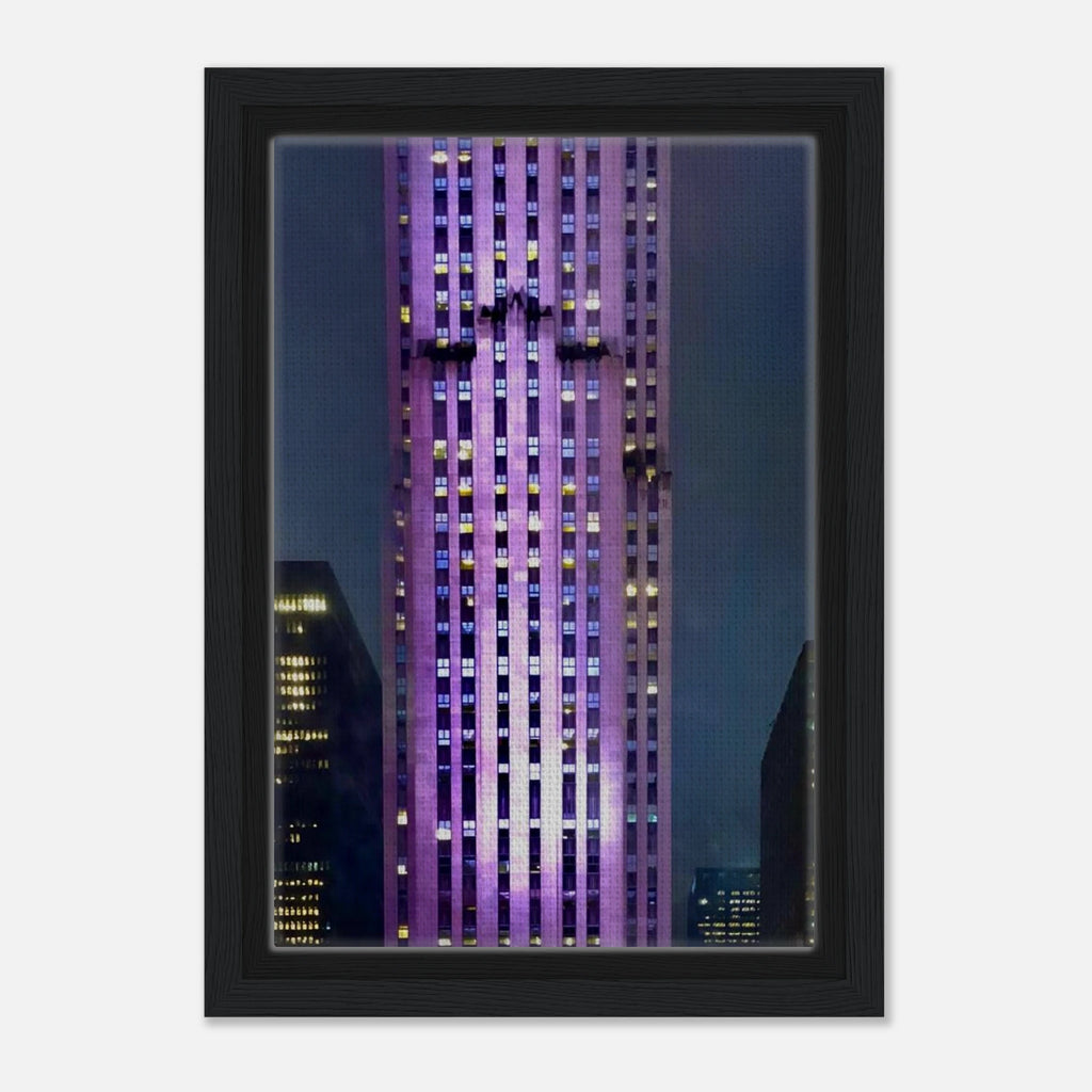 Framed canvas print of NYC holiday skyline in purple tones, part of the Travel Collection Studio Edition, showcasing cityscape art.