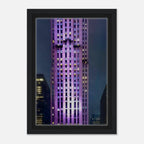 Framed canvas print of NYC holiday skyline in purple tones, part of the Travel Collection Studio Edition, showcasing cityscape art.
