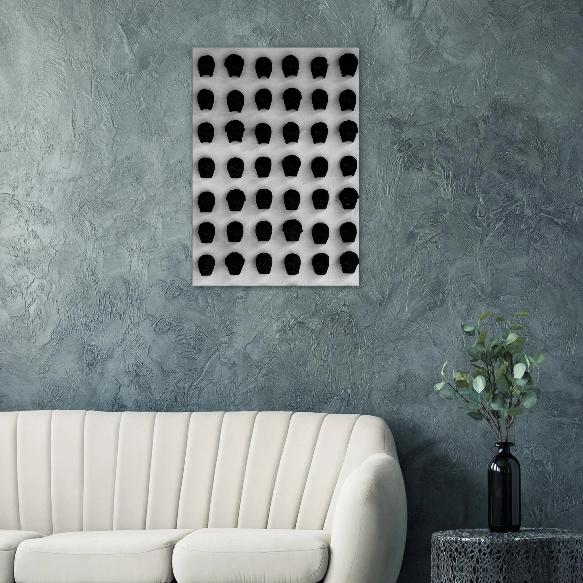 Black and white skull grid canvas wall art print, minimalist abstract photography from the Travel Collection Studio Edition.